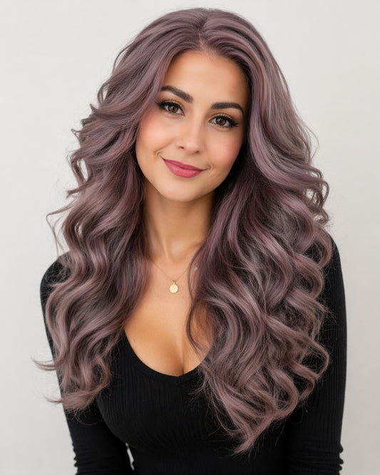 Peluca lace front, ondulada, color gris violeta cenizo