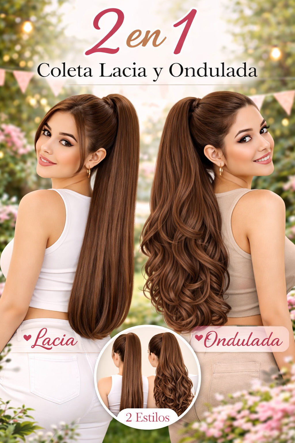 Coleta color chocolate             2 looks en 1 lacio y ondulado