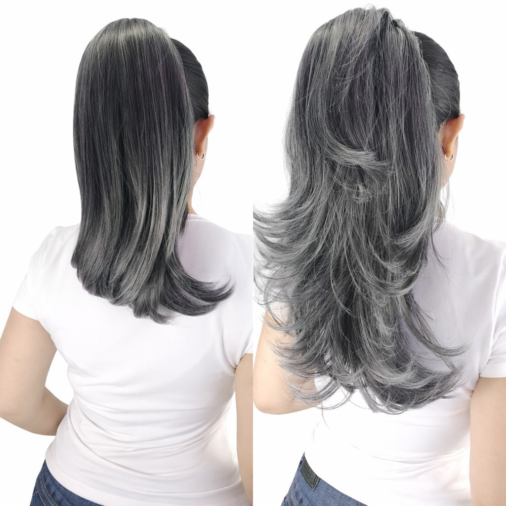 Coleta gris con negro lacia y ondulada 2 looks en 1
