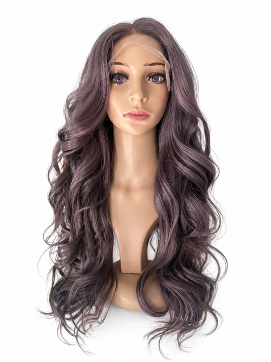 Peluca lace front, ondulada, color gris violeta cenizo