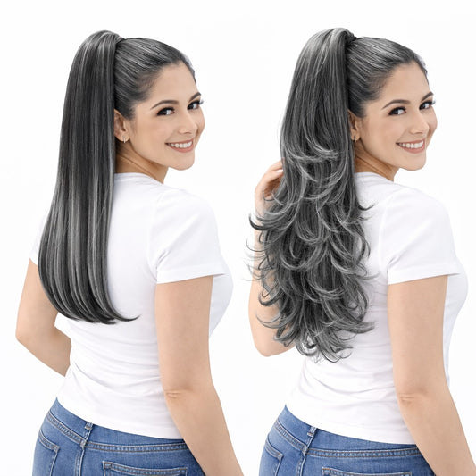 Coleta gris con negro lacia y ondulada 2 looks en 1