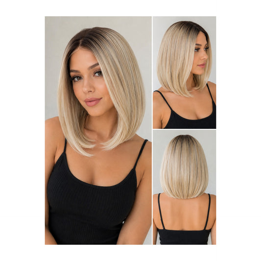 Peluca Aria – Lace front - Corte Bob -Tono Rubio platinado con raíz obscura